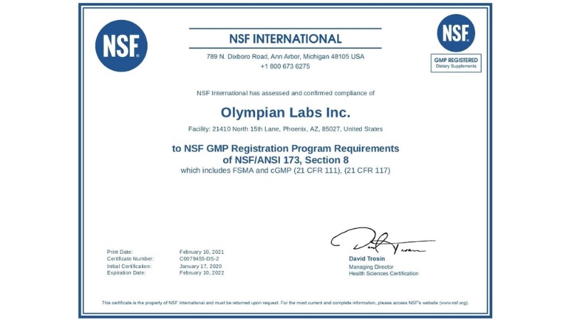 Chứng nhận của tổ chức NSF International d&agrave;nh cho thương hiệu Olympian Labs